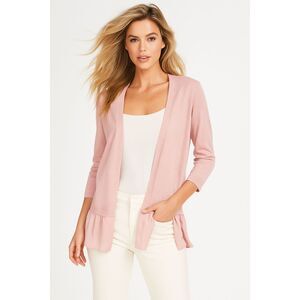 LOFT ROSE GOLD SATIN RUFFLE TRIM THIN CLASSIC OPEN CARDIGAN SWEATER SIZE: S NWT